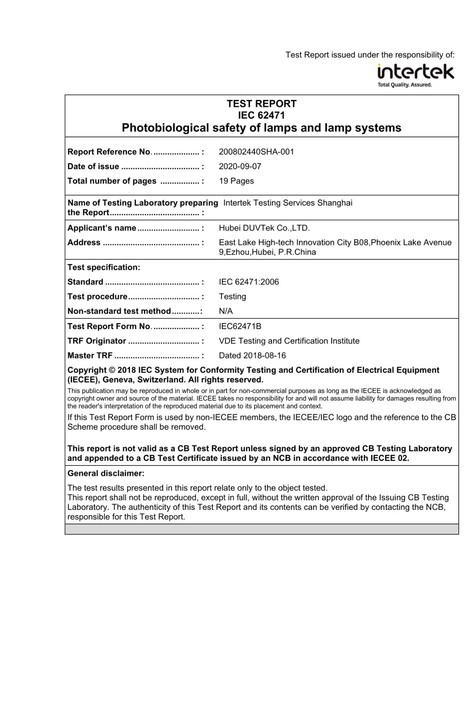 Photobiological Safety Test Report of en62471